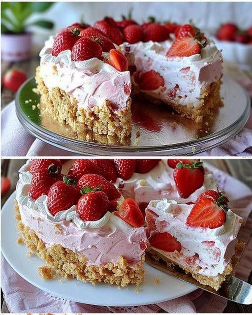 Un sogno che si avvera: torta di fragole senza cottura con base di biscotti.