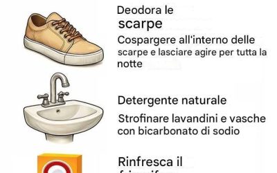 Potrebbe esserci un tesoro nascosto nella dispensa della tua cucina. Probabilmente l’hai già usato per far lievitare una torta o per lenire l’indigestione. Ma sapevi che questa polvere bianca, tanto discreta quanto efficace, può trasformare molto più delle tue ricette? Ecco come il bicarbonato di sodio può diventare il tuo nuovo alleato quotidiano… E questo è solo l’inizio. Bicarbonato di sodio: un piccolo chimico ecologico  Il bicarbonato di sodio, o bicarbonato di sodio, è un composto leggermente alcalino. Ciò significa che ha la capacità di neutralizzare gli acidi e sciogliere il grasso senza essere tossico. È come avere un coltellino svizzero… senza le lame e senza i pericoli!  Delicato sulle superfici, sicuro per i bambini, innocuo per gli animali domestici e formidabile contro lo sporco, soddisfa tutti i requisiti. E soprattutto: è rispettoso sia della tua salute che dell’ambiente. 12 consigli pratici sul bicarbonato di sodio  Scarpe come nuove       Non sopporti l’odore delle tue scarpe da ginnastica dopo una giornata impegnativa? Cospargi circa 30 g di bicarbonato di sodio in ogni scarpa e lascialo agire per tutta la notte. Il risultato: niente più brutte sorprese al risveglio. Per un tocco profumato, aggiungi qualche goccia di olio essenziale di lavanda o limone.  Una pasta detergente fatta in casa ultra efficace  Mescola circa 60 g di bicarbonato di sodio con un po’ d’acqua per creare una pasta. Strofina i lavandini, i piani di lavoro o i fornelli: tutto brillerà senza sforzo e senza prodotti aggressivi.  Un frigorifero senza odori  Riempi una piccola scatola con circa 60 g di bicarbonato di sodio e mettila in frigorifero. Assorbe silenziosamente tutti gli odori per tre mesi. Efficace e discreto.  Pulizia rapida del frigorifero  Non servono prodotti aggressivi: un panno umido, un cucchiaio di bicarbonato di sodio e i tuoi ripiani saranno puliti e splendenti.  Delicato esfoliante viso
